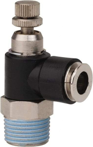 PRO-SOURCE - 3/8" NPT x 5/16" Tube OD Right Angle Flow Control Valve - 0 to 113.76 psi & Techno Polymer, Brass, Steel Material - Apex Tool & Supply