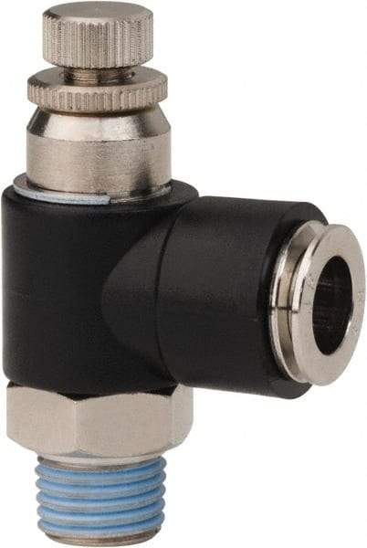 PRO-SOURCE - 1/4" NPT x 3/8" Tube OD Right Angle Flow Control Valve - 0 to 113.76 psi & Techno Polymer, Brass, Steel Material - Apex Tool & Supply