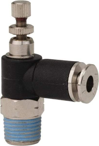 PRO-SOURCE - 1/8" NPT x 5/32" Tube OD Right Angle Flow Control Valve - 0 to 113.76 psi & Techno Polymer, Brass, Steel Material - Apex Tool & Supply