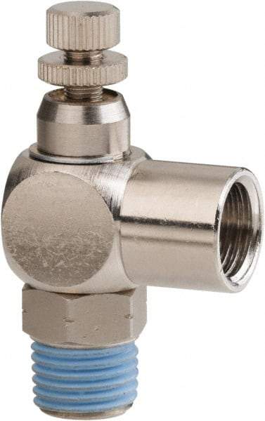 PRO-SOURCE - 1/4" Male NPT x 1/4" Female NPT Right Angle Flow Control Valve - 0 to 113.76 psi & Nickel Plated Brass Material - Apex Tool & Supply