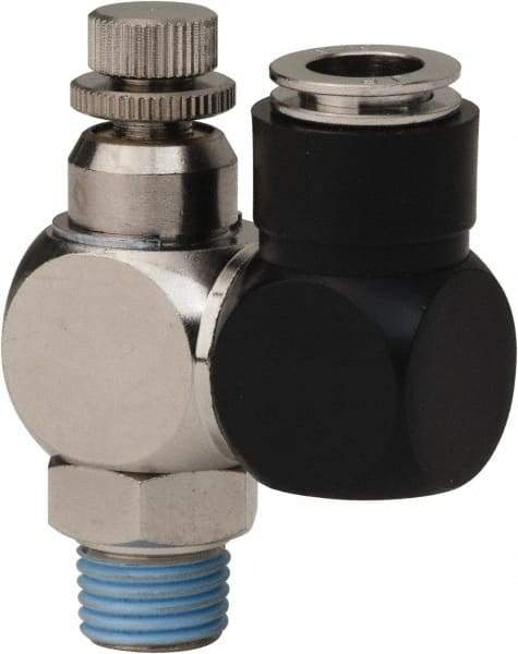 Value Collection - 1/4" Male NPT x 3/8" Tube OD Flow Control Offset Inline Valve - 0 to 113.76 psi & Techno Polymer, Brass, Steel Material - Apex Tool & Supply