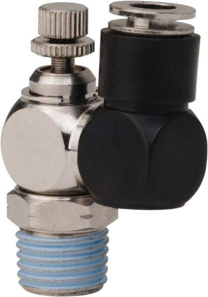 PRO-SOURCE - 1/4" Male NPT x 1/4" Tube OD Flow Control Offset Inline Valve - 0 to 113.76 psi & Techno Polymer, Brass, Steel Material - Apex Tool & Supply
