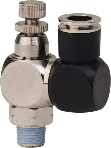 Value Collection - 1/8" Male NPT x 5/16" Tube OD Flow Control Offset Inline Valve - 0 to 113.76 psi & Techno Polymer, Brass, Steel Material - Apex Tool & Supply