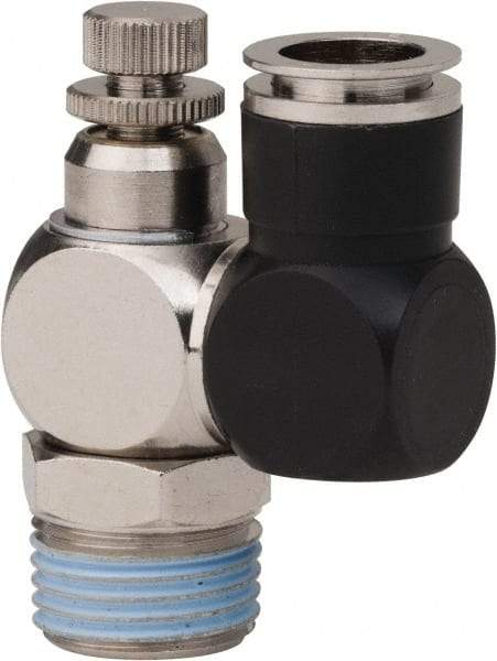 PRO-SOURCE - 1/2" Male NPT x 1/2" Tube OD Flow Control Offset Inline Valve - 0 to 113.76 psi & Techno Polymer, Brass, Steel Material - Apex Tool & Supply