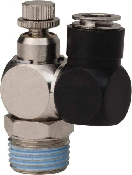 Value Collection - 1/2" Male NPT x 3/8" Tube OD Flow Control Offset Inline Valve - 0 to 113.76 psi & Techno Polymer, Brass, Steel Material - Apex Tool & Supply