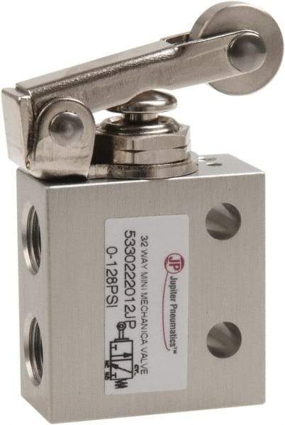 Value Collection - 1/8" NPT 3 Way, 2 Position Mini Mechanical Valve - 0.298 CV Rate, 7 CFM, 127.98 Max psi, Roller Lever/Spring Actuator - Apex Tool & Supply