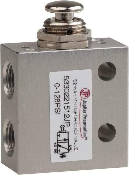 PRO-SOURCE - 1/8" NPT 3 Way, 2 Position Mini Mechanical Valve - 0.298 CV Rate, 7 CFM, 127.98 Max psi, Palm Button/Spring Actuator - Apex Tool & Supply