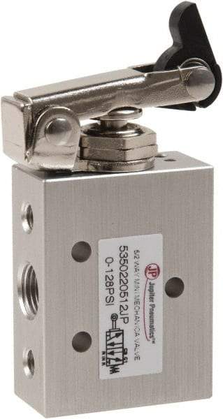 Value Collection - 1/8" NPT 5 Way, 2 Position Mini Mechanical Valve - 0.34 CV Rate, 9 CFM, 127.98 Max psi, One Way Roller/Spring Actuator - Apex Tool & Supply