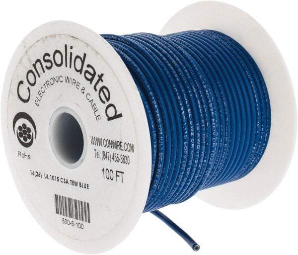 Made in USA - 16 AWG, 26 Strand, 100' OAL, Tinned Copper Hook Up Wire - Blue PVC Jacket, 0.117" Diam - Apex Tool & Supply