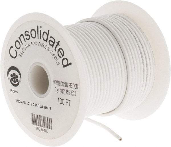 Made in USA - 16 AWG, 26 Strand, 100' OAL, Tinned Copper Hook Up Wire - White PVC Jacket, 0.117" Diam - Apex Tool & Supply