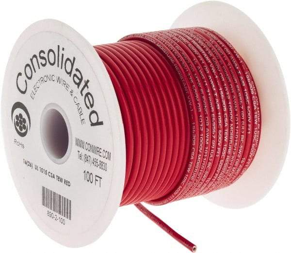 Made in USA - 16 AWG, 26 Strand, 100' OAL, Tinned Copper Hook Up Wire - Red PVC Jacket, 0.117" Diam - Apex Tool & Supply