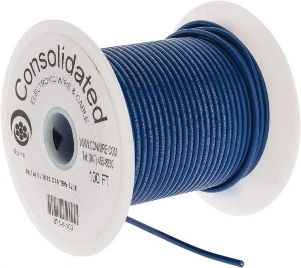 Made in USA - 18 AWG, 16 Strand, 100' OAL, Tinned Copper Hook Up Wire - Blue PVC Jacket, 0.106" Diam - Apex Tool & Supply