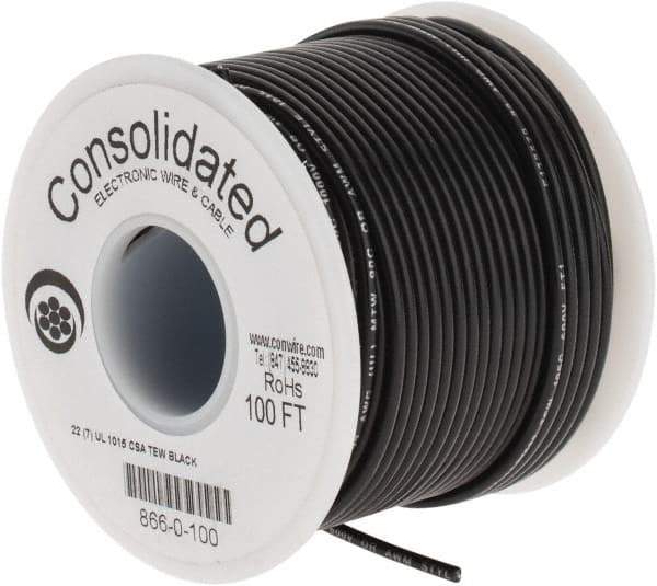 Made in USA - 22 AWG, 7 Strand, 100' OAL, Tinned Copper Hook Up Wire - Black PVC Jacket, 0.091" Diam - Apex Tool & Supply