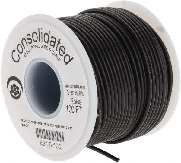 Made in USA - 16 AWG, 26 Strand, 100' OAL, Tinned Copper Hook Up Wire - Black PVC Jacket, 0.092" Diam - Apex Tool & Supply