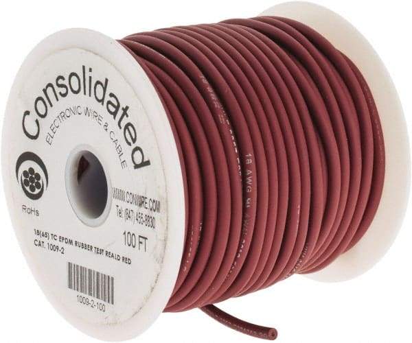 Made in USA - 18 AWG, 65 Strand, 100' OAL, Tinned Copper Hook Up Wire - Red EPDM Jacket, 0.145" Diam - Apex Tool & Supply