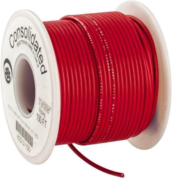 Made in USA - 18 AWG, 16 Strand, 100' OAL, Tinned Copper Hook Up Wire - Red PVC Jacket, 0.08" Diam - Apex Tool & Supply