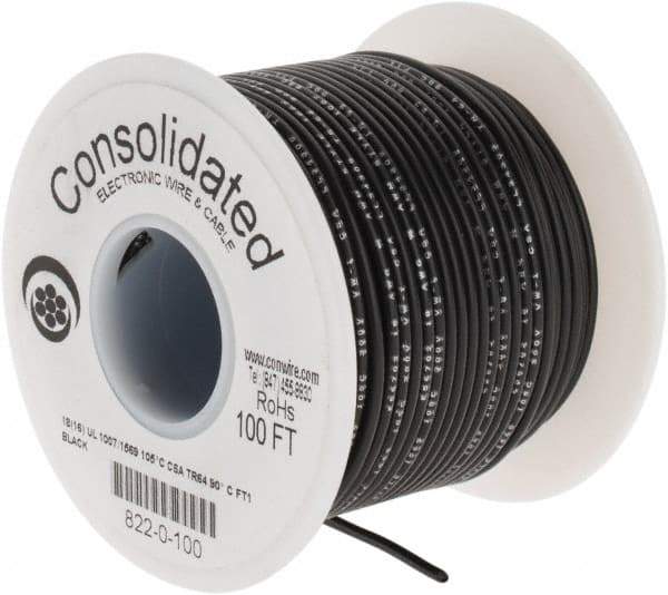 Made in USA - 18 AWG, 16 Strand, 100' OAL, Tinned Copper Hook Up Wire - Black PVC Jacket, 0.08" Diam - Apex Tool & Supply