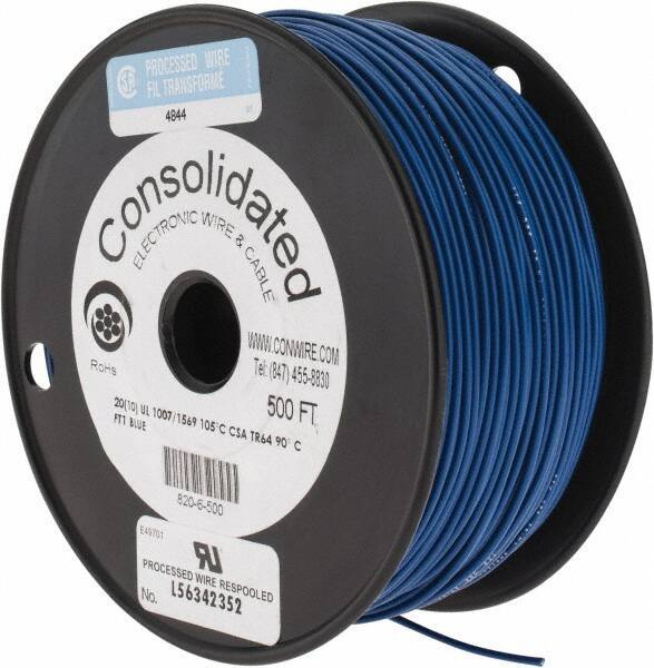 Made in USA - 20 AWG, 10 Strand, 500' OAL, Tinned Copper Hook Up Wire - Blue PVC Jacket, 0.07" Diam - Apex Tool & Supply