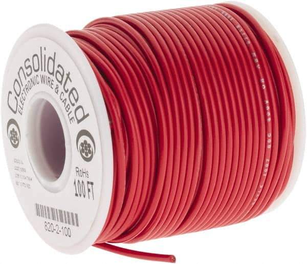 Made in USA - 20 AWG, 10 Strand, 100' OAL, Tinned Copper Hook Up Wire - Red PVC Jacket, 0.07" Diam - Apex Tool & Supply