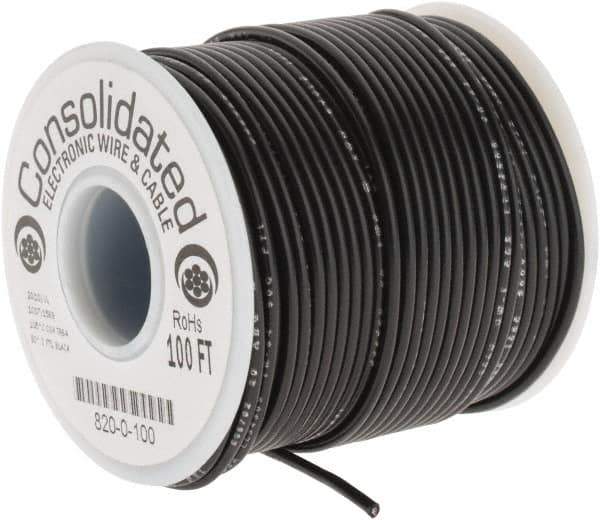 Made in USA - 20 AWG, 10 Strand, 100' OAL, Tinned Copper Hook Up Wire - Black PVC Jacket, 0.07" Diam - Apex Tool & Supply