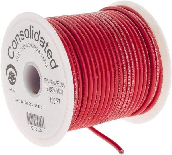 Made in USA - 14 AWG, 41 Strand, 100' OAL, Tinned Copper Hook Up Wire - Red PVC Jacket, 0.136" Diam - Apex Tool & Supply