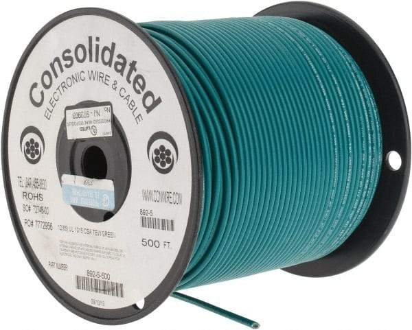 Made in USA - 12 AWG, 65 Strand, 500' OAL, Tinned Copper Hook Up Wire - Green PVC Jacket, 0.155" Diam - Apex Tool & Supply