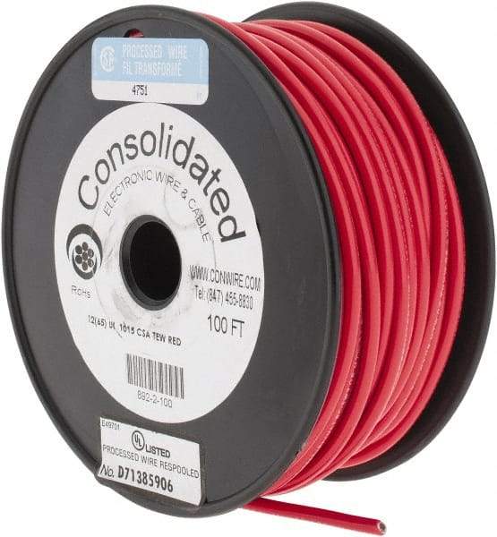 Made in USA - 12 AWG, 65 Strand, 100' OAL, Tinned Copper Hook Up Wire - Red PVC Jacket, 0.155" Diam - Apex Tool & Supply