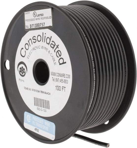 Made in USA - 12 AWG, 65 Strand, 100' OAL, Tinned Copper Hook Up Wire - Black PVC Jacket, 0.155" Diam - Apex Tool & Supply