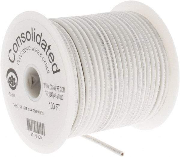 Made in USA - 14 AWG, 41 Strand, 100' OAL, Tinned Copper Hook Up Wire - White PVC Jacket, 0.136" Diam - Apex Tool & Supply