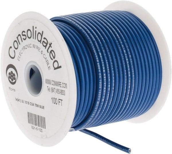 Made in USA - 14 AWG, 41 Strand, 100' OAL, Tinned Copper Hook Up Wire - Blue PVC Jacket, 0.136" Diam - Apex Tool & Supply