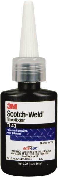 3M - 10 mL, Purple, Medium Strength Liquid Threadlocker - Series TL43, 24 Hour Full Cure Time, Hand Tool Removal - Apex Tool & Supply