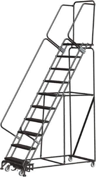 Ballymore - 133" 10 Step Rolling Warehouse Ladder - Lock Step Rolling Safety Ladder, 450 Lb Capacity, 100" Platform Height, 32" Base Width x 74" Base Depth, Perforated Tread - Apex Tool & Supply