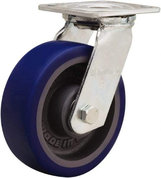 Hamilton - 6" Diam x 2" Wide x 7-1/2" OAH Top Plate Mount Swivel Caster - Polyurethane Mold onto Cast Iron Center, 900 Lb Capacity, Sealed Precision Ball Bearing, 4 x 4-1/2" Plate - Apex Tool & Supply