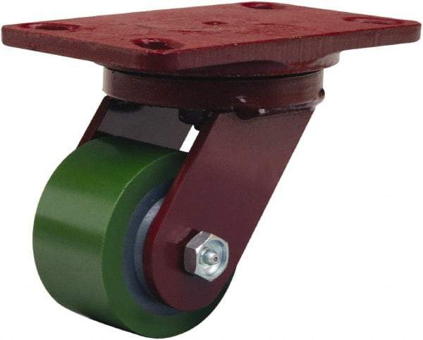 Hamilton - 3-1/4" Diam x 2" Wide x 5-1/4" OAH Top Plate Mount Swivel Caster - Polyurethane Mold onto Cast Iron Center, 575 Lb Capacity, Straight Roller Bearing, 4-1/2 x 6-1/2" Plate - Apex Tool & Supply