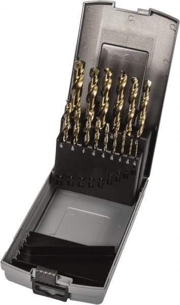 Precision Twist Drill - 1/16 to 1/2", 135° Point, Gold Finish, Cobalt Jobber Length Drill Bit Set - Apex Tool & Supply