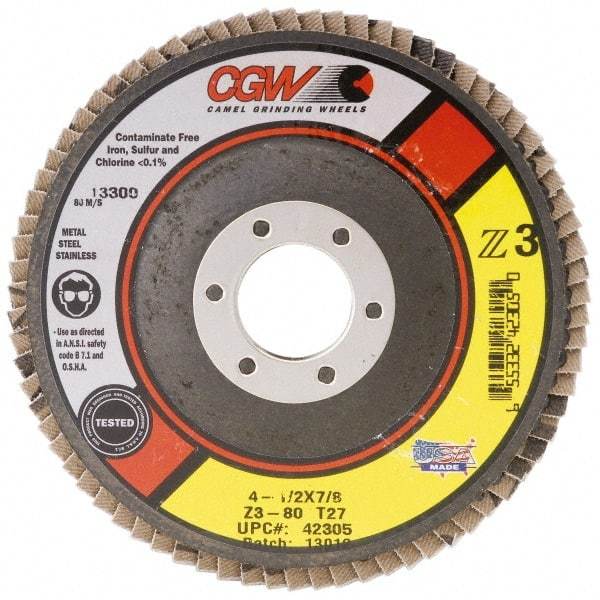 Camel Grinding Wheels - 80 Grit, 7" Disc Diam, 5/8-11 Center Hole, Type 27 Zirconia Alumina Flap Disc - 8,600 Max RPM, Poly Cotton Backing, Arbor Attaching System, Coated - Apex Tool & Supply
