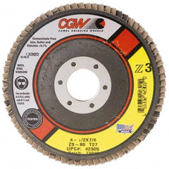 Camel Grinding Wheels - 80 Grit, 7" Disc Diam, 5/8-11 Center Hole, Type 27 Zirconia Alumina Flap Disc - 8,600 Max RPM, Poly Cotton Backing, Arbor Attaching System, Coated - Apex Tool & Supply