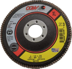 Camel Grinding Wheels - 80 Grit, 4-1/2" Disc Diam, 7/8" Center Hole, Type 27 Zirconia Alumina Flap Disc - 13,300 Max RPM, Poly Cotton Backing, Arbor Attaching System, Coated - Apex Tool & Supply