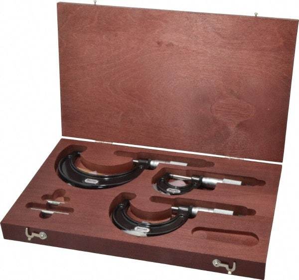 Starrett - 0 to 3" Range, 3 Piece Mechanical Outside Micrometer Set - 0.0001" Graduation, Ratchet Stop Thimble, Carbide Tipped Face - Apex Tool & Supply