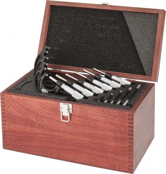 Starrett - 0 to 6" Range, 6 Piece Mechanical Outside Micrometer Set - 0.0001" Graduation, Ratchet Stop Thimble, Carbide Tipped Face - Apex Tool & Supply