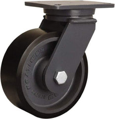 Hamilton - 8" Diam x 3" Wide x 10-1/2" OAH Top Plate Mount Swivel Caster - Polyurethane Mold onto Cast Iron Center, 3,250 Lb Capacity, Tapered Roller Bearing, 5-1/4 x 7-1/4" Plate - Apex Tool & Supply