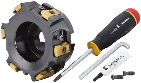 Kennametal - 6 Inserts, 5" Cut Diam, 1-1/2" Arbor Diam, 25.45mm Max Depth of Cut, Indexable Square-Shoulder Face Mill - 0/90° Lead Angle, 2-3/8" High, LN.U 2210.. Insert Compatibility, Series MEGA90 - Apex Tool & Supply