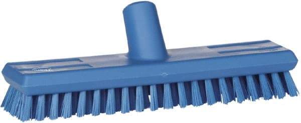 Vikan - 1" Bristle Length, Polyester Scrub Brush - 10-5/8" Long x 2-1/2" Wide Head, 11" OAL, European Threaded Handle, Blue, Polypropylene Block - Apex Tool & Supply
