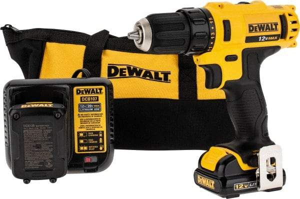 DeWALT - 12 Volt 3/8" Chuck Pistol Grip Handle Cordless Drill - 0-400 & 0-1500 RPM, Keyless Chuck, Reversible, 2 Lithium-Ion Batteries Included - Apex Tool & Supply