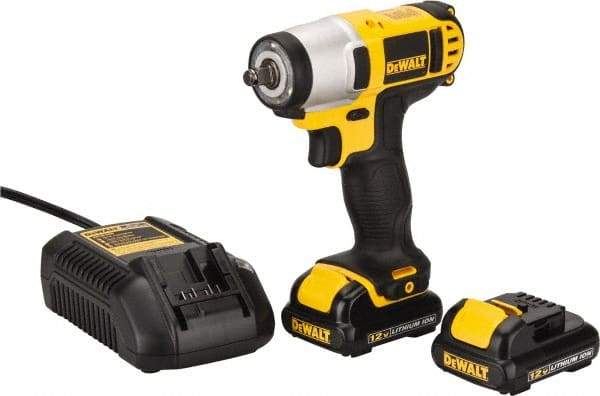 DeWALT - 3/8" Drive 12 Volt Pistol Grip Cordless Impact Wrench & Ratchet - 2,450 RPM, 0 to 3,400 BPM, 96 Ft/Lb Torque, 2 Lithium-Ion Batteries Included - Apex Tool & Supply