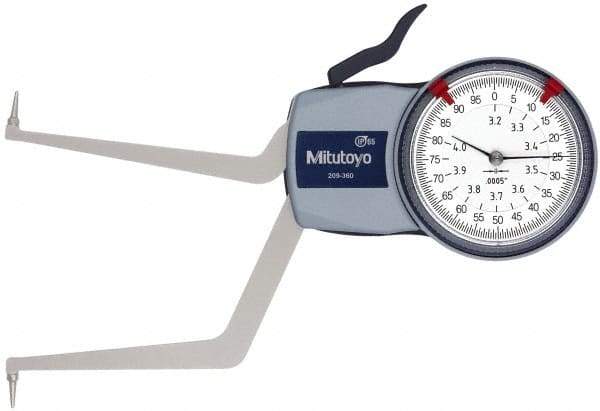 Mitutoyo - 3.2 to 4" Inside Dial Caliper Gage - 0.0005" Graduation, 0.0015" Accuracy, 3.3" Leg Length, 0.31" Deep x 0.06" Wide Groove, Ball Contact Points - Apex Tool & Supply