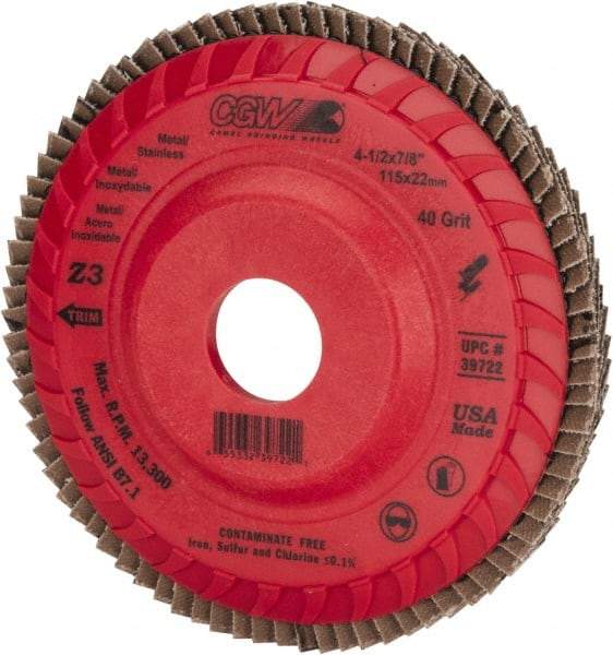 Camel Grinding Wheels - 40 Grit, 4-1/2" Disc Diam, 7/8" Center Hole, Type 27 Zirconia Alumina Flap Disc - 13,300 Max RPM, Poly Cotton Backing, Arbor Attaching System, Coated - Apex Tool & Supply