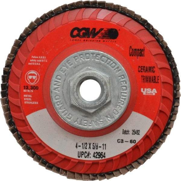 Camel Grinding Wheels - 60 Grit, 4-1/2" Disc Diam, 5/8-11 Center Hole, Type 27 Ceramic Flap Disc - 13,300 Max RPM, Polyester Backing, Arbor Attaching System, Coated - Apex Tool & Supply