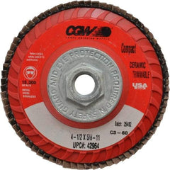 Camel Grinding Wheels - 60 Grit, 4-1/2" Disc Diam, 5/8-11 Center Hole, Type 27 Ceramic Flap Disc - 13,300 Max RPM, Polyester Backing, Arbor Attaching System, Coated - Apex Tool & Supply