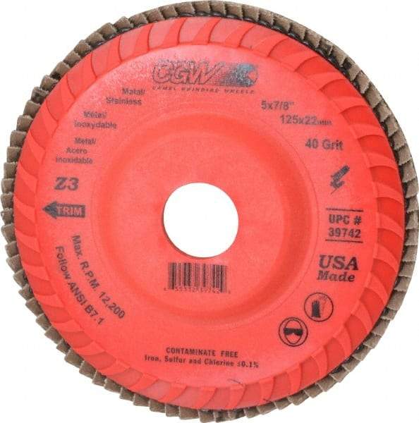 Camel Grinding Wheels - 40 Grit, 5" Disc Diam, 7/8" Center Hole, Type 27 Ceramic Flap Disc - 12,200 Max RPM, Poly Cotton Backing, Arbor Attaching System, Coated - Apex Tool & Supply